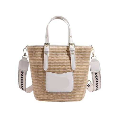 DWZXL Gras-gewebte Tasche Umhängetasche Eimer Tasche Messenger Bag For Frauen Einfache Sommer Gewebte Tasche Stroh Tasche Strandtasche Geflochten(White) von DWZXL