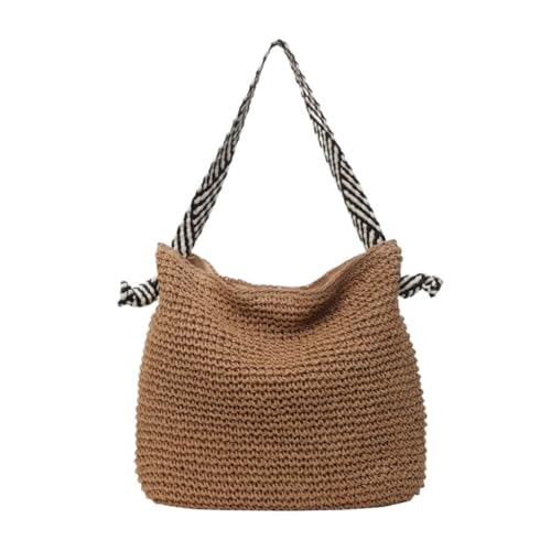 Gras-gewebte Tasche Urlaub Gewebt Casual Fashion Nischen-Umhängetasche Damentasche 2024 Neue Trend Stroh Einkaufstasche Strandtasche Geflochten(Bruin) von DWZXL