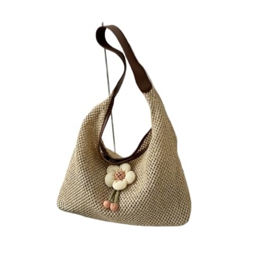 Gras-gewebte Tasche Weben Modische Sanfte Blumendekoration Schultertasche Sommer Neue Stroh Einkaufstasche Strandtasche Geflochten(Brown) von DWZXL