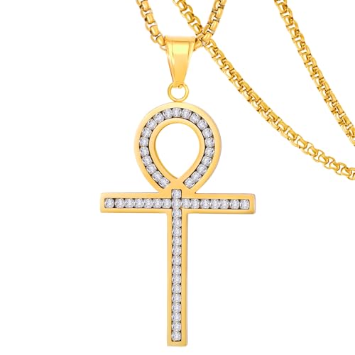 DXIUORF Goldene Strass Ankh Kreuz Halskette für Männer Frauen, Edelstahl Schutz Amulett Anhänger Halskette mit 24 Zoll Kette, Punk Hip Hop Schmuck Geschenk DXIUORF Goldene Strass Ankh Kreuz Halskette für Männer Frauen, Edelstahl Schutz Amulett Anhänger Halskette mit 24 Zoll Kette, Punk Hip Hop Schmuck Geschenk von DXIUORF