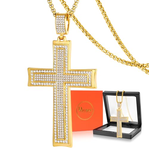 DXIUORF Goldene Strass Kreuz Halskette für Männer Frauen, Edelstahl Schutz Amulett Anhänger Halskette mit 24 Zoll Kette, Punk Hip Hop Schmuck Geschenk von DXIUORF