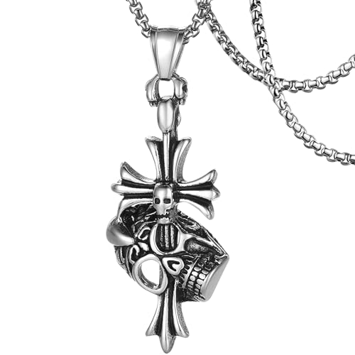 DXIUORF Gothic Kreuz Halskette für Männer Jungen Frauen,Silber Punk Kreuz Anhänger Halskette,Edelstahl Herren Kreuz Anhänger mit Kette 55+5cm von DXIUORF