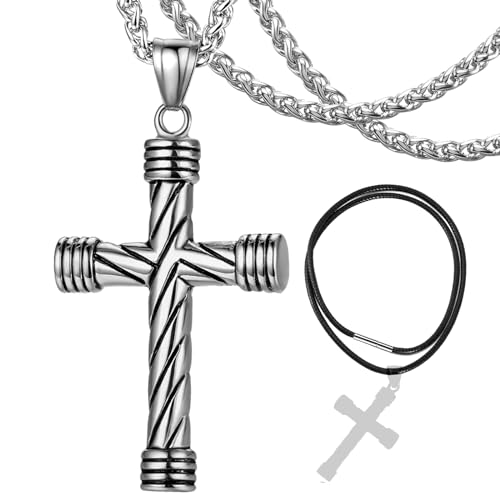 DXIUORF Gothic Vintage Kreuz Anhänger Halskette Edelstahl Unisex mit 2 Silber Kette 55-60cm, große Punk Kreuz Halskette Geschenk für Männer Jungen von DXIUORF