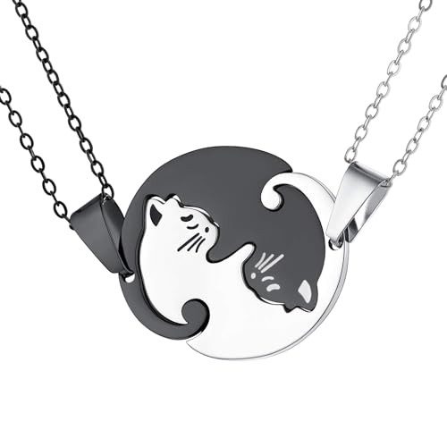 DXIUORF Nette Katze Halskette, schwarz/Platin Yin Yang Anhänger Halsketten, Edelstahl mit 20-Zoll-Kette, Paar Halskette Geschenke für kühle Männer Frauen Mädchen von DXIUORF