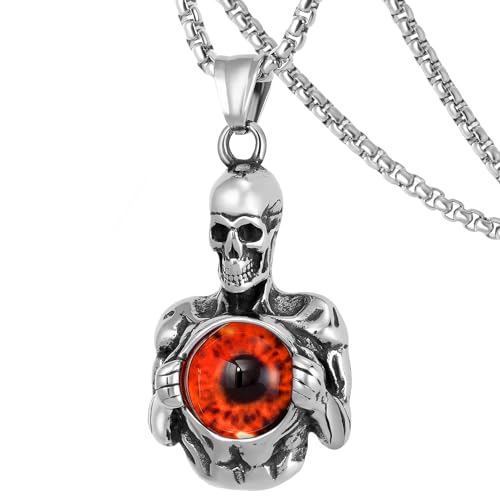 DXIUORF Punk Totenkopf Halskette für Männer Frauen, Edelstahl Totenkopf Tag Rote Augen Totenkopf Anhänger mit 24 Zoll Kette, Gothic Punk Hip Hop Schmuck Geschenk von DXIUORF