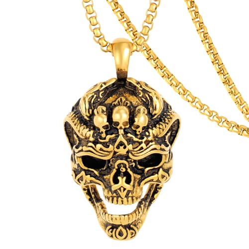 DXIUORF Totenkopf Satan Teufel Dämon Eule Tod Totenkopf Rote Augen Totenkopf Schlange Ruder Anker Edelstahl Anhänger mit 24 Zoll Kette, Punk Gothic Halskette Geschenke für Männer Frauen von DXIUORF
