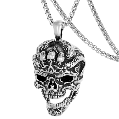 DXIUORF Totenkopf Satan Teufel Dämon Eule Tod Totenkopf Rote Augen Totenkopf Schlange Ruder Anker Edelstahl Anhänger mit 24 Zoll Kette, Punk Gothic Halskette Geschenke für Männer Frauen von DXIUORF