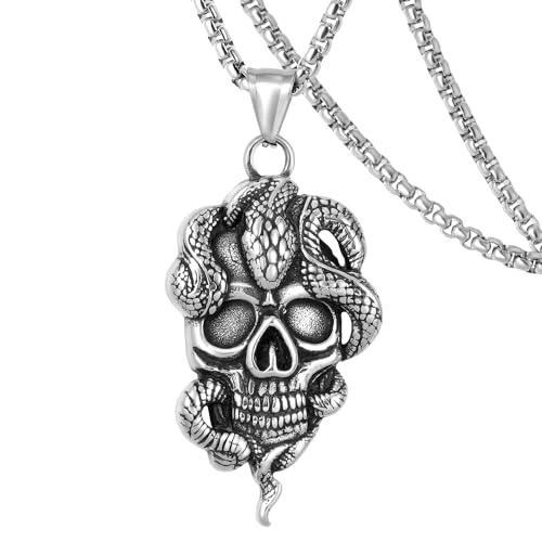 DXIUORF Totenkopf Satan Teufel Dämon Eule Tod Totenkopf Rote Augen Totenkopf Schlange Ruder Anker Edelstahl Anhänger mit 24 Zoll Kette, Punk Gothic Halskette Geschenke für Männer Frauen von DXIUORF