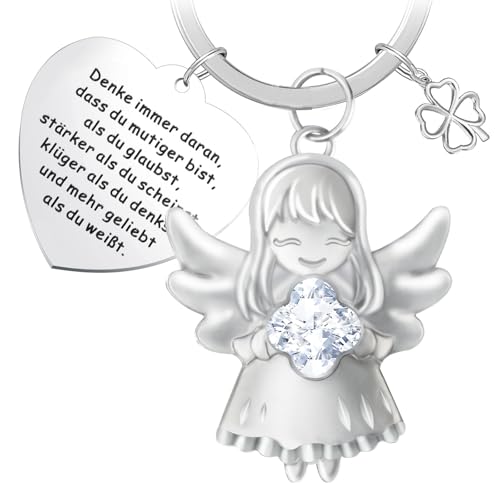 DXLing Schutzengel Glücksbringer Schlüsselanhänger Schutzengel Schlüsselanhänger mit Transparenten Edelsteinen und Herzanhänger mit Glückliches Vierblättriges Kleeblatt Geschenke Schlüssel Anhänger von DXLing