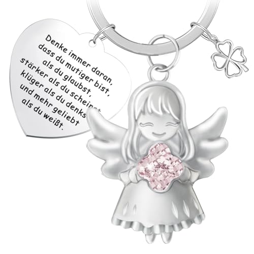 DXLing Schutzengel Glücksbringer Schlüsselanhänger Schutzengel Schlüsselanhänger mit Pinken Edelsteinen und Herzanhänger mit Glückliches Vierblättriges Kleeblatt Geschenke Schlüssel Anhänger von DXLing