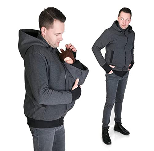 DXMFCC 2 in 1 Multifunktions Känguru Kapuzen Dad Herren Pullover Herren Fleece Sweatshirt Hoodie Jacke mit Babytrage Tasche Papa und Babytrage Mantel Herbst(grey,XL) von DXMCC