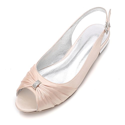 DXSYMJM Damen Flache Hochzeitsschuhe Slingback Knöchelriemen Strasssteine Satin Hochzeit Partei Abschlussball Brautschuhe,Champagne,43 EU von DXSYMJM