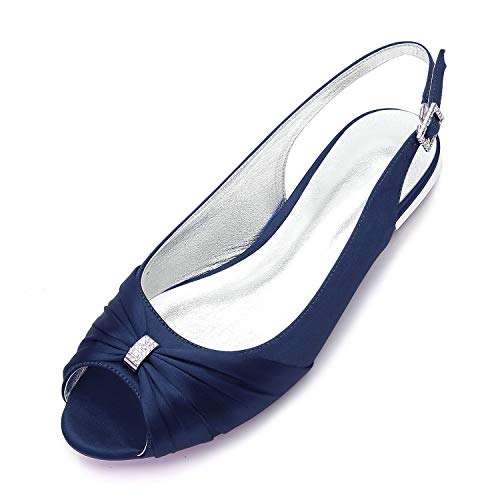 DXSYMJM Damen Flache Hochzeitsschuhe Slingback Knöchelriemen Strasssteine Satin Hochzeit Partei Abschlussball Brautschuhe,Dark Blue,43 EU von DXSYMJM