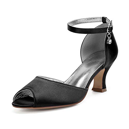 DXSYMJM Damen Peep Zehen Brautschuhe Knöchelriemchen Schnalle Satin Abschlussball Partei Abendschuhe,Schwarz,42 EU von DXSYMJM