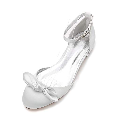 Damen Bow Geschlossene Ballerinas Flach Freizeit Tanzschuhe Mit Knöchelriemen,Silber,44 EU von DXSYMJM