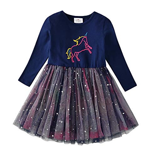 DXTON Kinder Mädchen Kleider Tüll Kleid Prinzessin Einhorn Kleid Langarm Kleidung Winter BlauLh4993 7T von DXTON