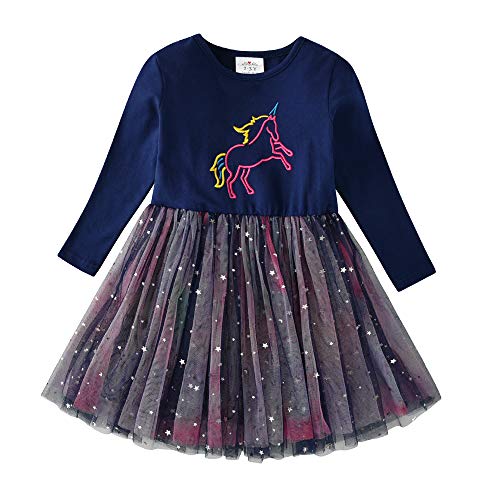 DXTON Kinder Mädchen Kleider Tüll Kleid Langarm Kleidung Frühling Herbst Gr. 90-130, Blaulh4993, 5-6 Jahre von DXTON