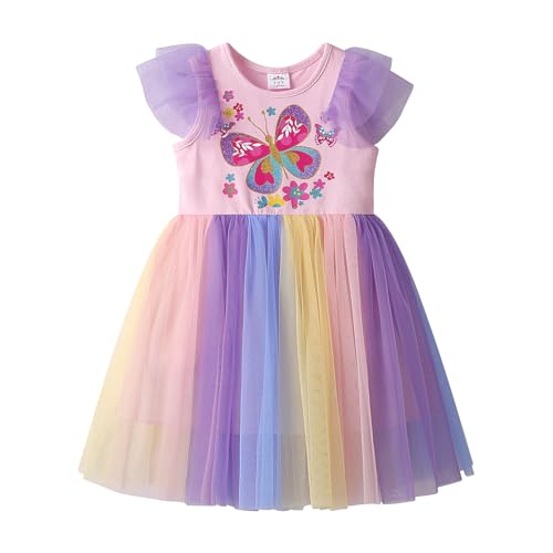 DXTON Kinder Mädchen Kleider Tüll Kleid Prinzessin Einhorn Kleid Kurzarm Kleidung Sommer RosaSh2232 7T von DXTON