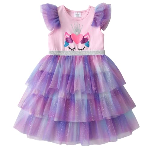 DXTON Kinder Mädchen Kleider Tüll Kleid Prinzessin Einhorn Kleid Kurzarm Kleidung Sommer RosaSh8006 4T von DXTON