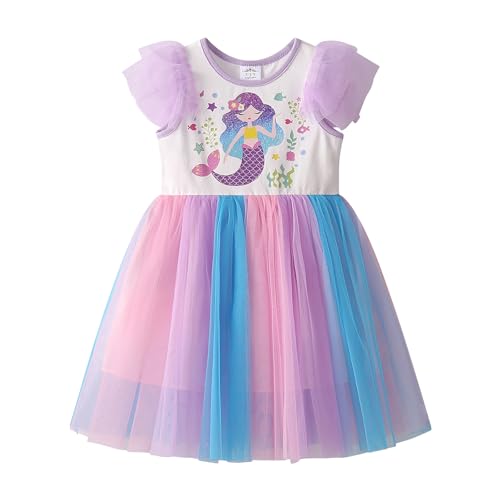 DXTON Kinder Mädchen Kleider Tüll Kleid Prinzessin Einhorn Kleid Kurzarm Kleidung Sommer ViolettSh2231 7T von DXTON