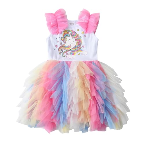 DXTON Kinder Mädchen Kleider Tüll Kleid Prinzessin Einhorn Kleid Kurzarm Kleidung Sommer WeißSh2213 6T von DXTON