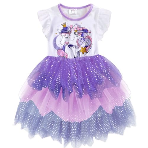 DXTON Kinder Mädchen Kleider Tüll Kleid Prinzessin Einhorn Kleid Kurzarm Kleidung Sommer WeißSh4870 4T von DXTON