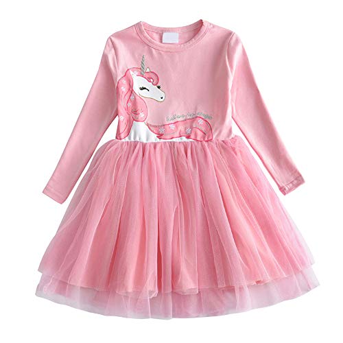 DXTON Kinder Mädchen Kleider Tüll Kleid Prinzessin Einhorn Kleid Langarm Kleidung Frühling Winter LH4570 2T von DXTON