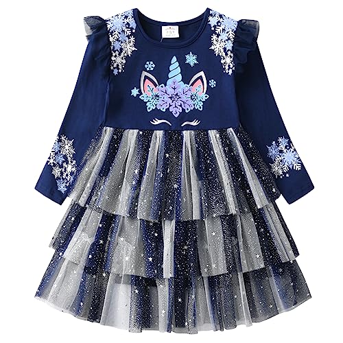 DXTON Kinder Mädchen Kleider Tüll Kleid Prinzessin Einhorn Kleid Langarm Kleidung Winter BlauLh2119 7T von DXTON