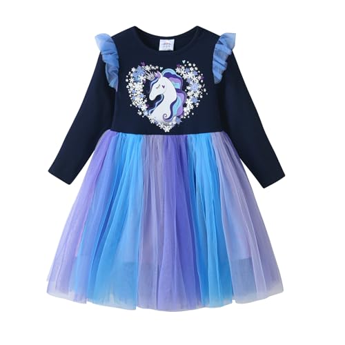DXTON Kinder Mädchen Kleider Tüll Kleid Prinzessin Einhorn Kleid Langarm Kleidung Winter BlauLh2220 4T von DXTON