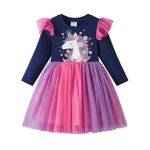 DXTON Kinder Mädchen Kleider Tüll Kleid Prinzessin Einhorn Kleid Langarm Kleidung Winter BlauLh2224 8T von DXTON