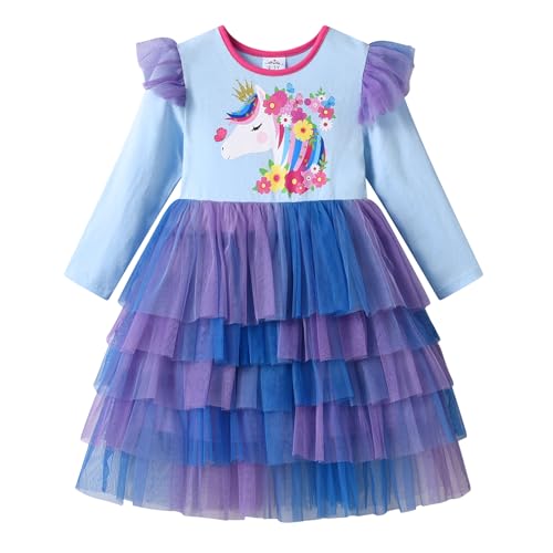 DXTON Kinder Mädchen Kleider Tüll Kleid Prinzessin Einhorn Kleid Langarm Kleidung Winter BlauLh8009 8T von DXTON