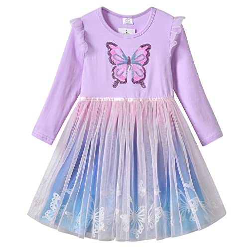 DXTON Kinder Mädchen Kleider Tüll Kleid Prinzessin Einhorn Kleid Langarm Kleidung Winter MehrfarbigLh2108 7T von DXTON