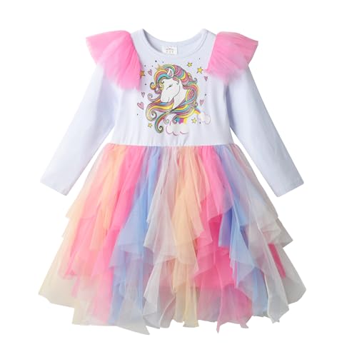 DXTON Kinder Mädchen Kleider Tüll Kleid Prinzessin Einhorn Kleid Langarm Kleidung Winter RosaLh2213 3T von DXTON