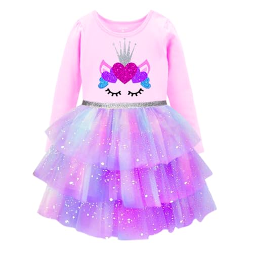DXTON Kinder Mädchen Kleider Tüll Kleid Prinzessin Einhorn Kleid Langarm Kleidung Winter RosaLh8006 6T von DXTON