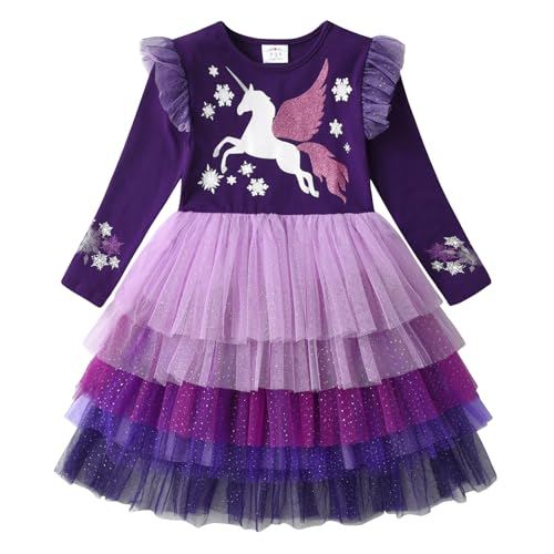 DXTON Kinder Mädchen Kleider Tüll Kleid Prinzessin Einhorn Kleid Langarm Kleidung Winter ViolettLh2212 4T von DXTON