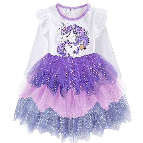 DXTON Kinder Mädchen Kleider Tüll Kleid Prinzessin Einhorn Kleid Langarm Kleidung Winter WeißLh4870 6T von DXTON