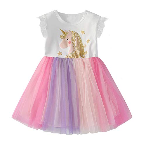 DXTON Mädchen Einhorn Gedruckt Herbst Winter Prinzessin Freizeit Knielang Kurzarm Kleid EinhornSh4992, Einhornsh4992, 6-7 Jahre von DXTON