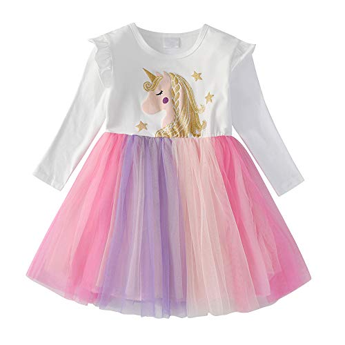 DXTON Mädchen Einhorn Gedruckt Herbst Winter Prinzessin Freizeit Knielang Langarm Kleid Einhorn4992 3T,2-3 Jahre von DXTON