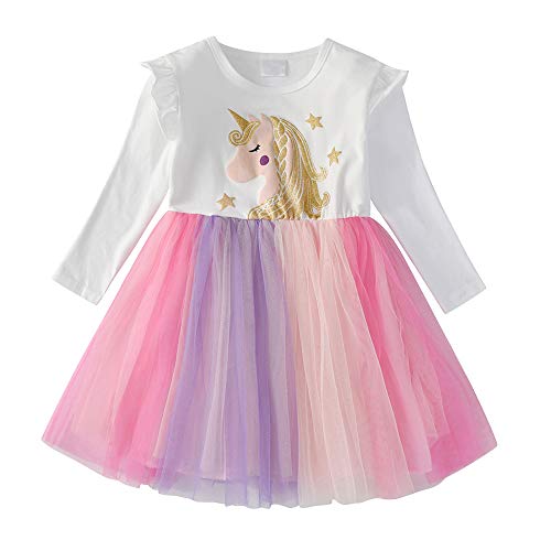 DXTON Mädchen Einhorn Gedruckt Herbst Winter Prinzessin Freizeit Knielang Langarm Kleid Einhorn4992 4T,3-4 Jahre von DXTON