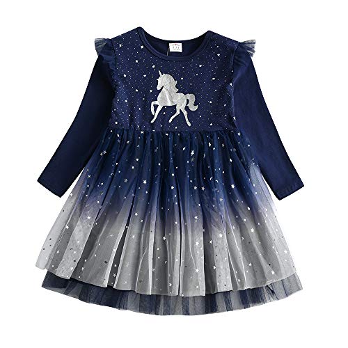 DXTON Mädchen Kleid Einhorn Gedruckt Prinzessin Freizeit Knielang Langarm Kleid Winter EinhornLh4995 5T von DXTON