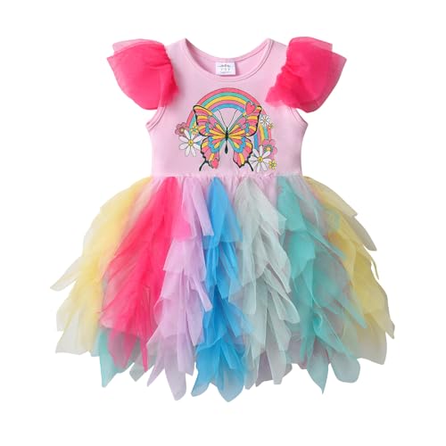 DXTON Mädchen Kleid Einhorn Gedruckt Prinzessin Freizeit Knielang Kurzarm Kleid Sommer RosaSh2214 5T von DXTON