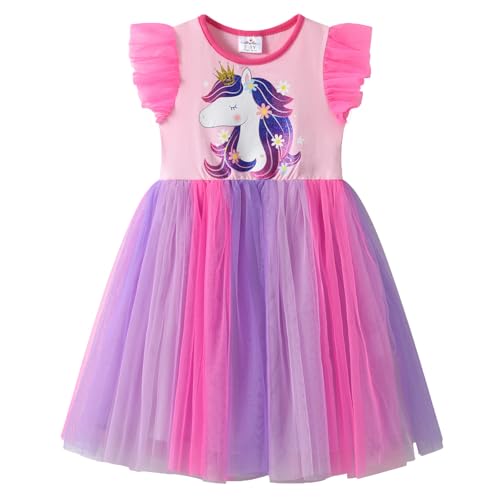 DXTON Mädchen Kleid Einhorn Gedruckt Prinzessin Freizeit Knielang Kurzarm Kleid Sommer RosaSh2234 4T von DXTON
