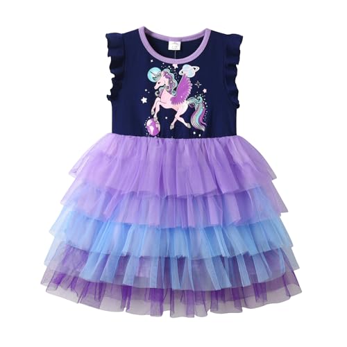 DXTON Mädchen Kleid Einhorn Gedruckt Prinzessin Freizeit Knielang Kurzarm Kleid Sommer BlauSh4865 4T von DXTON