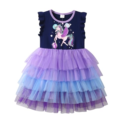 DXTON Mädchen Kleid Einhorn Gedruckt Prinzessin Freizeit Knielang Kurzarm Kleid Sommer BlauSh4865 8T von DXTON