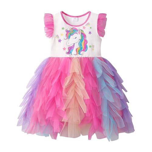DXTON Mädchen Kleid Einhorn Gedruckt Prinzessin Freizeit Knielang Kurzarm Kleid Sommer WeißSh2230 8T von DXTON