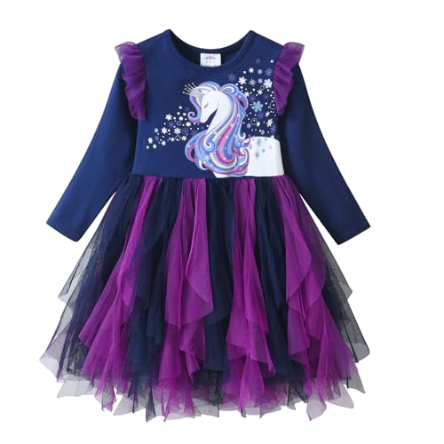 DXTON Mädchen Kleid Einhorn Gedruckt Prinzessin Freizeit Knielang Langarm Kleid Winter BlauLh2219 8T von DXTON