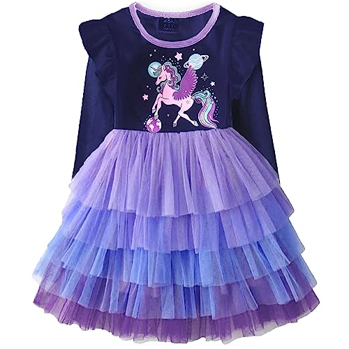 DXTON Mädchen Kleid Einhorn Gedruckt Prinzessin Freizeit Knielang Langarm Kleid Winter BlauLh4865 8T von DXTON