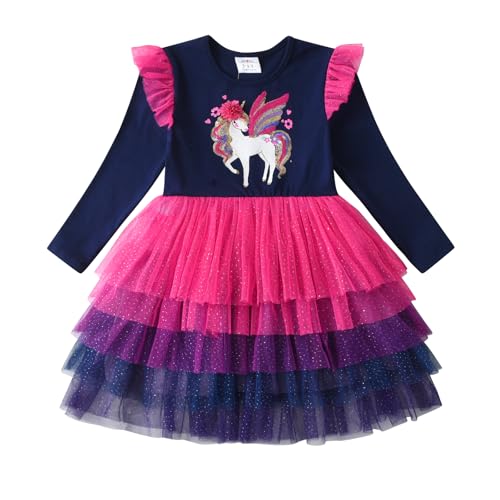 DXTON Mädchen Kleid Einhorn Gedruckt Prinzessin Freizeit Knielang Langarm Kleid Winter BlauLh8003 3T von DXTON