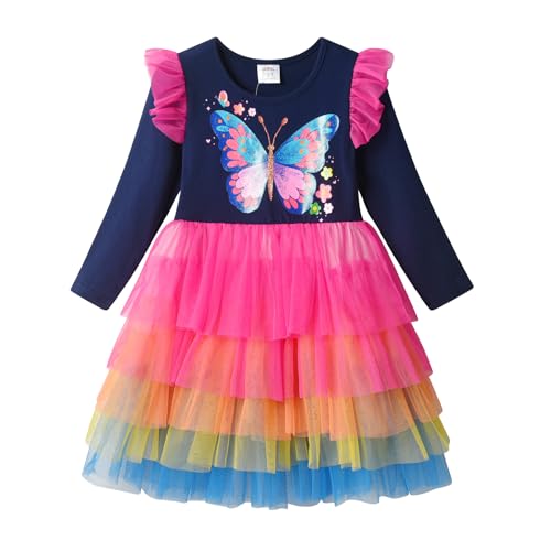 DXTON Mädchen Kleid Einhorn Gedruckt Prinzessin Freizeit Knielang Langarm Kleid Winter BlauLh8011 5T von DXTON