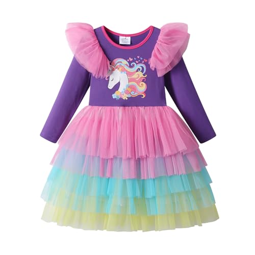 DXTON Mädchen Kleid Einhorn Gedruckt Prinzessin Freizeit Knielang Langarm Kleid Winter ViolettLh2239 4T von DXTON